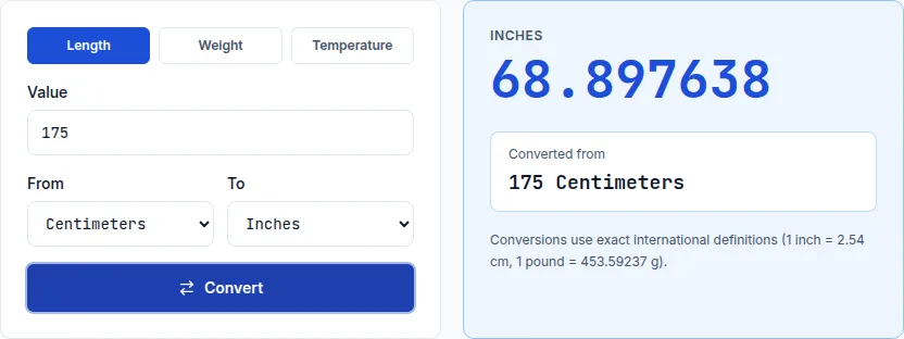 Unit converter showing 175 centimeters converted to 68.897638 inches