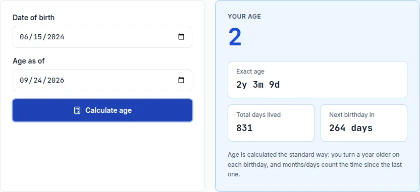 Age calculator showing an exact age of 2 years, 3 months, 9 days, and 831 total days lived