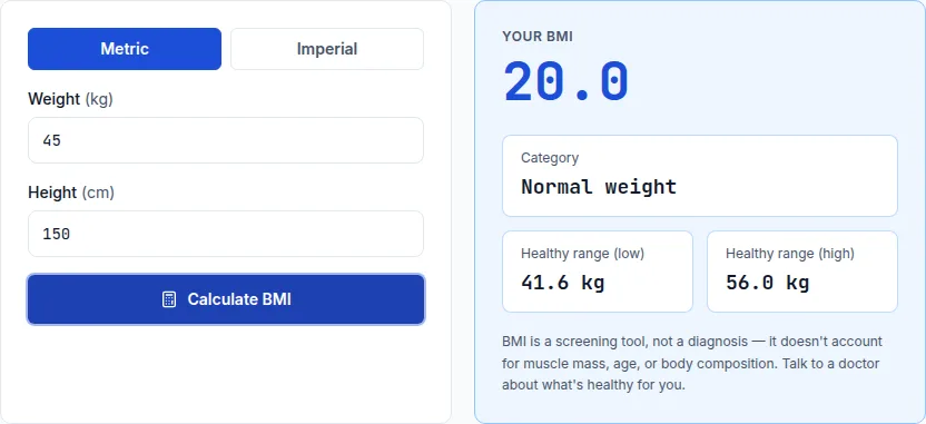 BMI calculator showing why the fixed adult healthy-range categories are not appropriate for a child's height and weight
