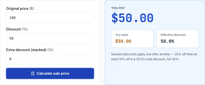 Discount calculator showing a $50.00 sale price on a $100 combined two-item price, matching a buy-one-get-one-free offer