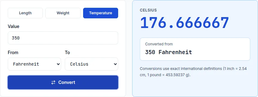 Unit converter showing an oven temperature of 350°F converted to 176.7°C using the Fahrenheit to Celsius formula