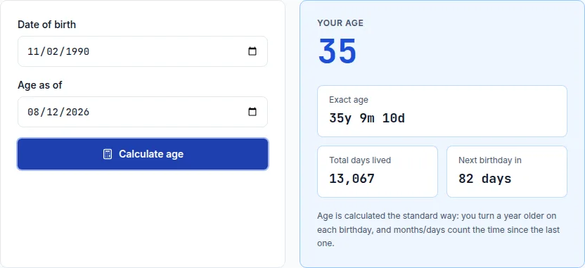 Age calculator showing an exact age of 35 years, 9 months, and 10 days
